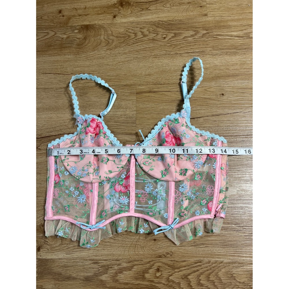 For Love & Lemons M Floral Embroidered Mesh Corset Bustier Lace Up Pink Blue - Picture 4 of 4
